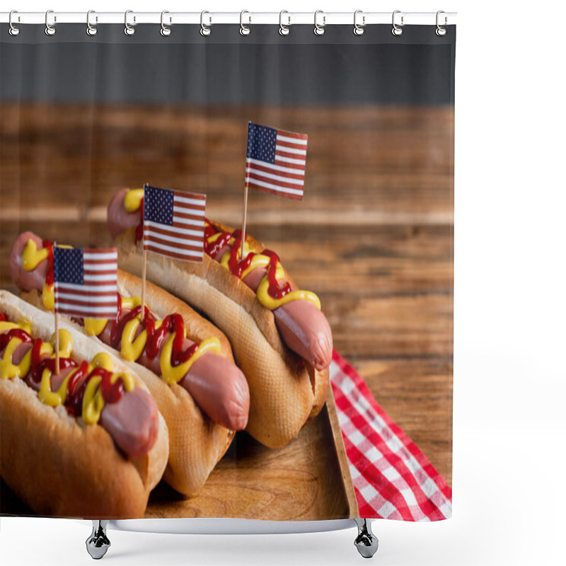 Personality  Tasty Hot Dogs With Sauces And Small Usa Flags On Wooden Surface Isolated On Grey Shower Curtains