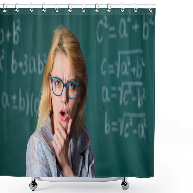 Personality  Solve That Task. School Education Basic Knowledge. Lady Wear Eyeglasses Smart Teacher Classroom Chalkboard Background, Close Up. Teacher Woman Think About Solving And Result. Solve Mathematics Task Shower Curtains