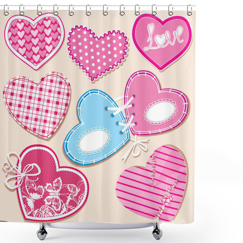 Personality  Scrapbook Set Of Hearts In Stitched Textile Style Shower Curtains