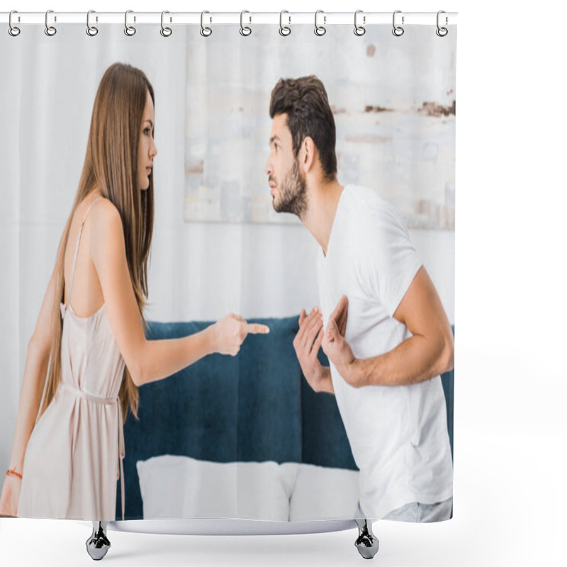 Personality  Young Attractive Woman Pointing With Finger Angrily At Stressed Gesturing Man Shower Curtains