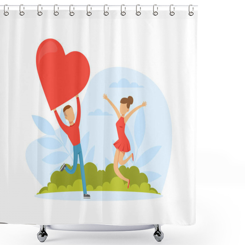 Personality  Male And Female Feeling Love And Affection Holding Heart And Jumping With Joy Vector Illustration Shower Curtains