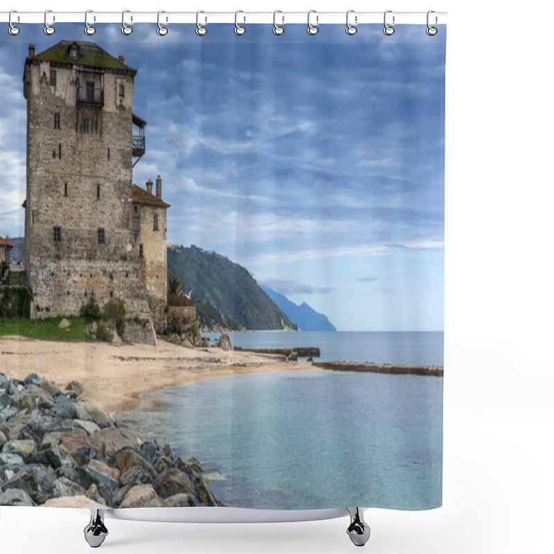 Personality  Amazing Seascape With Medieval Tower In  Ouranopoli, Athos, Chalkidiki, Central Macedonia Shower Curtains