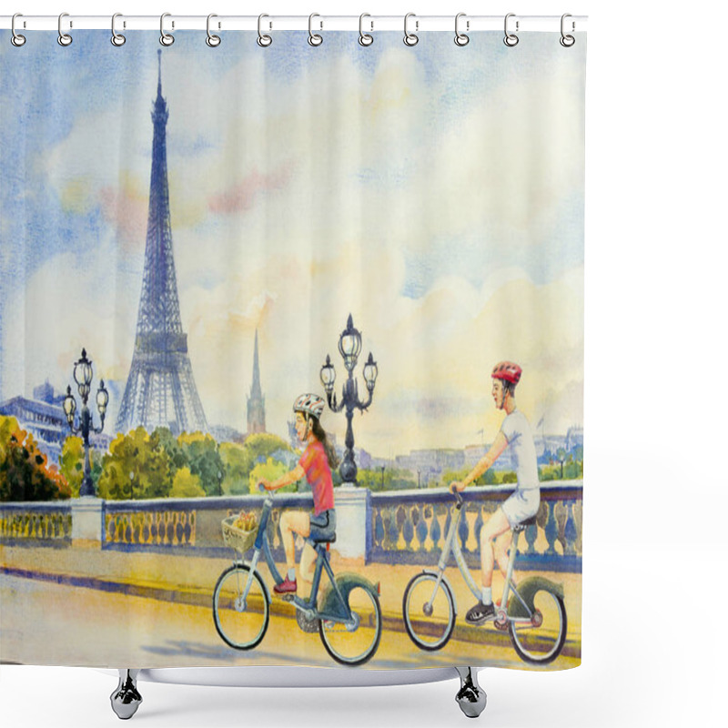 Personality  Paintings Landmark Paris European City Landscape. France Eiffel Tower And Couple Young Man, Woman Cycling On The Street.  Watercolor Painting Illustration Holiday Travel With Valentine Day. Shower Curtains