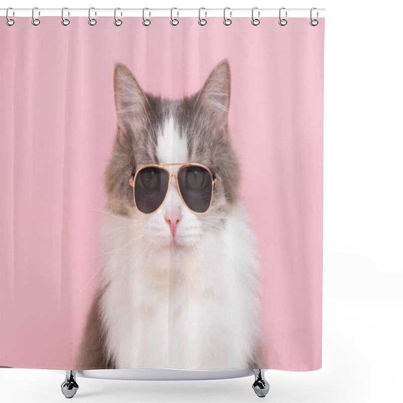 Personality  Cute Funny Cat Sitting In Sunglasses On A Pink Background. Animals Dressed As People Shower Curtains