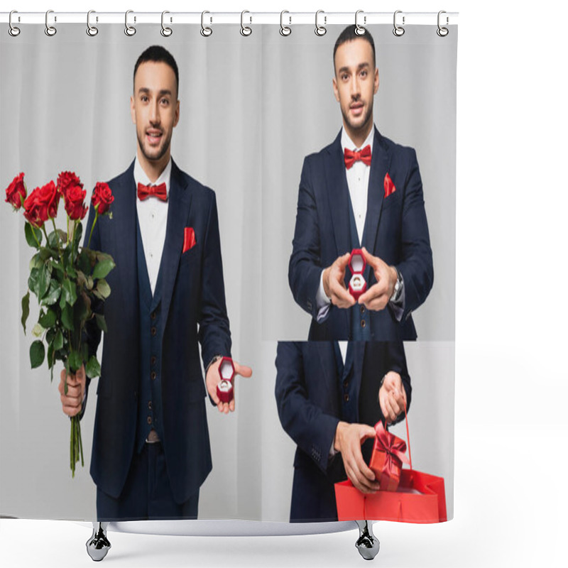 Personality  Collage Of Hispanic Man In Elegant Suit Holding Red Roses And Jewelry Box, And Putting Gift Into Shopping Bag Isolated On Grey Shower Curtains