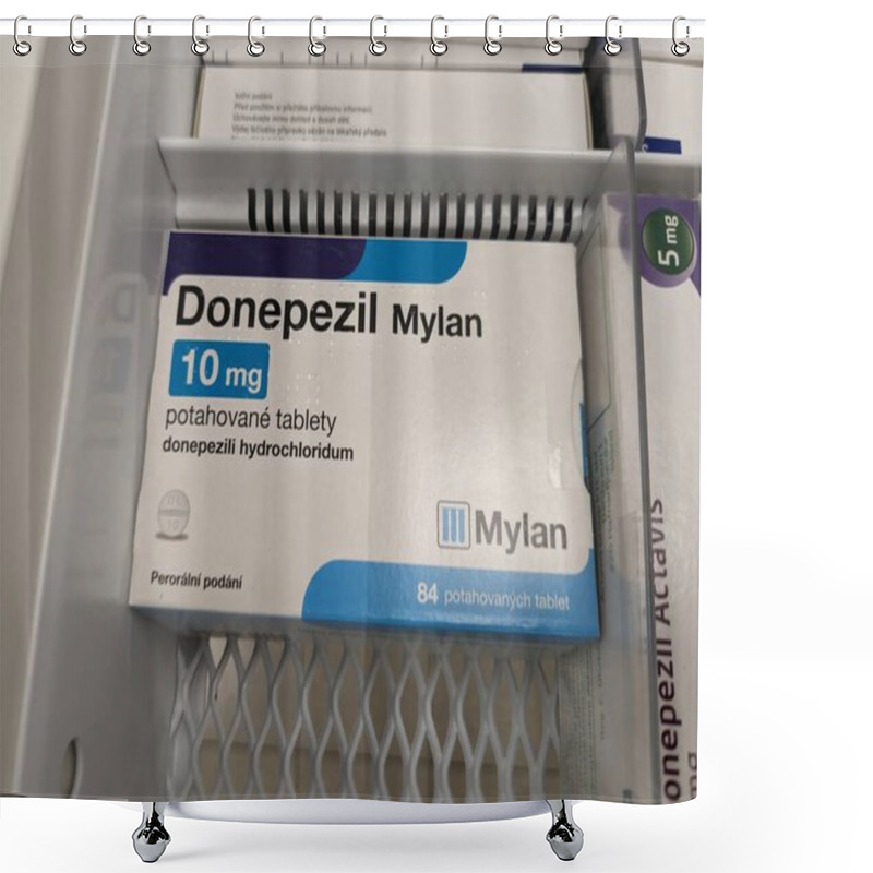 Personality  Prague, Czech Republic - July 10 2024: DONEPEZIL MYLAN Box Of Medication With DONEPEZIL Active Substance By MYLAN, Used For Treatment Of Alzheimer's Disease And Dementia. Shower Curtains