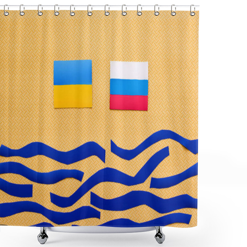 Personality  Top View Of Ukrainian And Russian Flags Above Paper Sea On Textured Yellow Background  Shower Curtains