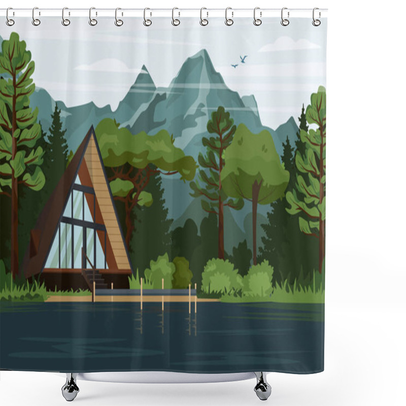 Personality  Modern House In The Woods With Mountain Views. Traditional Swiss Chalet In The Highlands Of The National Park. Lonely House In A Forest Landscape In Flat Design For A Banner, Brochures, Advertising Shower Curtains