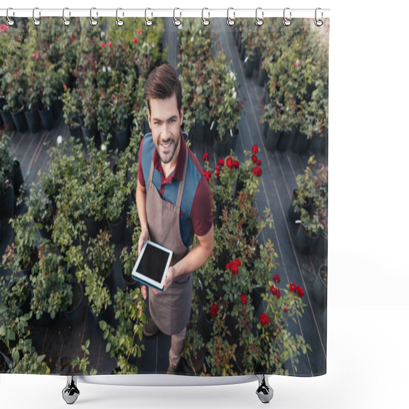 Personality  Gardener With Tablet During Work In Garden Shower Curtains