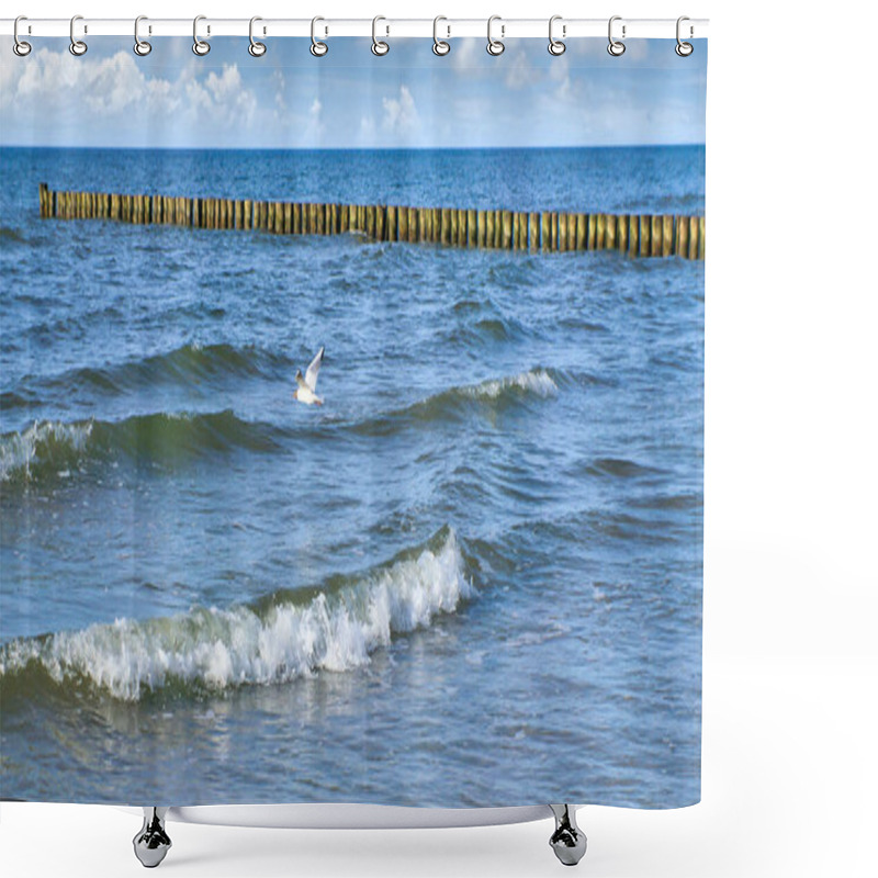 Personality  Seagull Flies Along The Coast Over Waves By The Sea. Groynes Jut Out Into The Baltic Sea. Animal Photo From Nature Shower Curtains