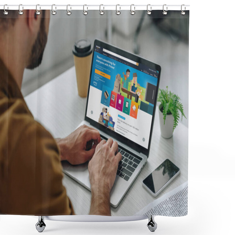 Personality  Cropped View Of Man Using Laptop With Amazon Website On Screen  Shower Curtains