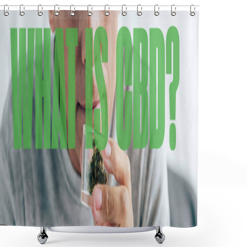 Personality  Cropped View Of Man In T-shirt Holding Medical Cannabis In Glass Container, Panoramic Shot With What Is CBD Question Shower Curtains