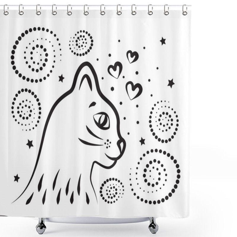 Personality  Cute Cat In Profile, Swirls, Spirals And Hearts, Black Monochrome Vector Illustration Shower Curtains