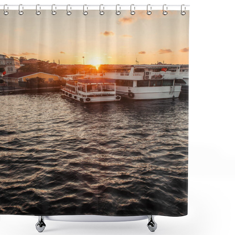 Personality  Moored Bots Near Buildings On Coast Of City And Sunset Sky At Background, Istanbul, Turkey  Shower Curtains