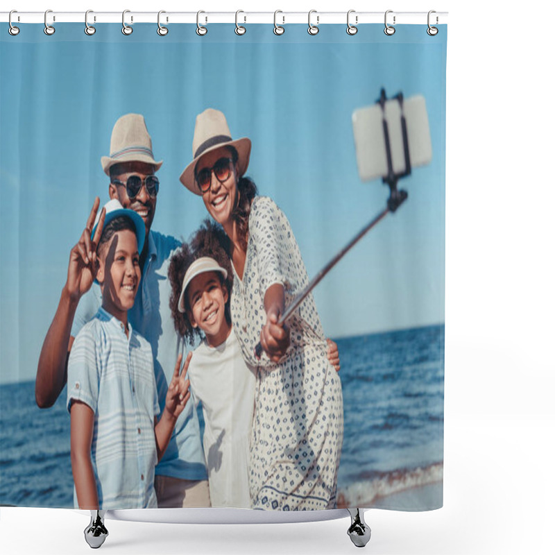 Personality  Young Happy African American Family Taking Selfie With Smartphone On Beach On Sunny Day Shower Curtains