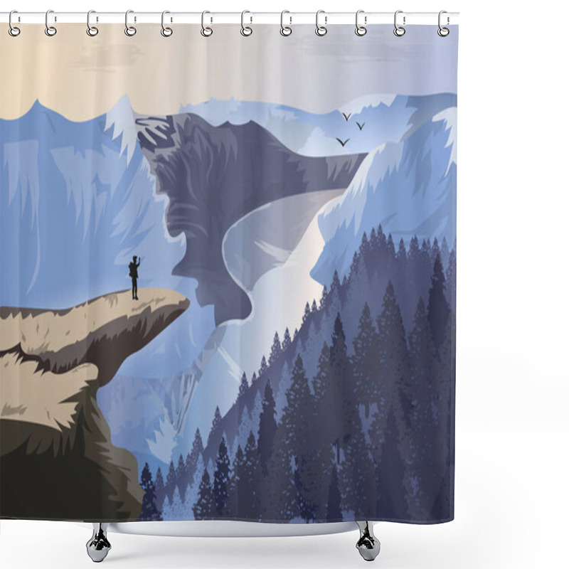 Personality  Beautiful Mountains With River, Tourist And Birds. Shower Curtains