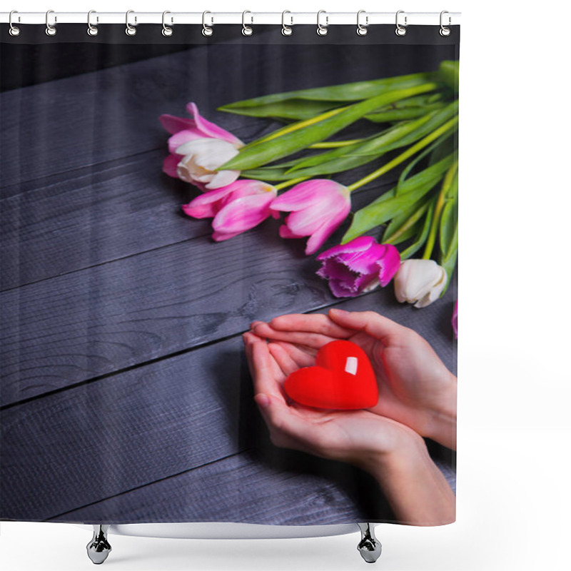 Personality  Bouquet Of Tender Pink Tulips And Hands Holding Red Heart On Bla Shower Curtains