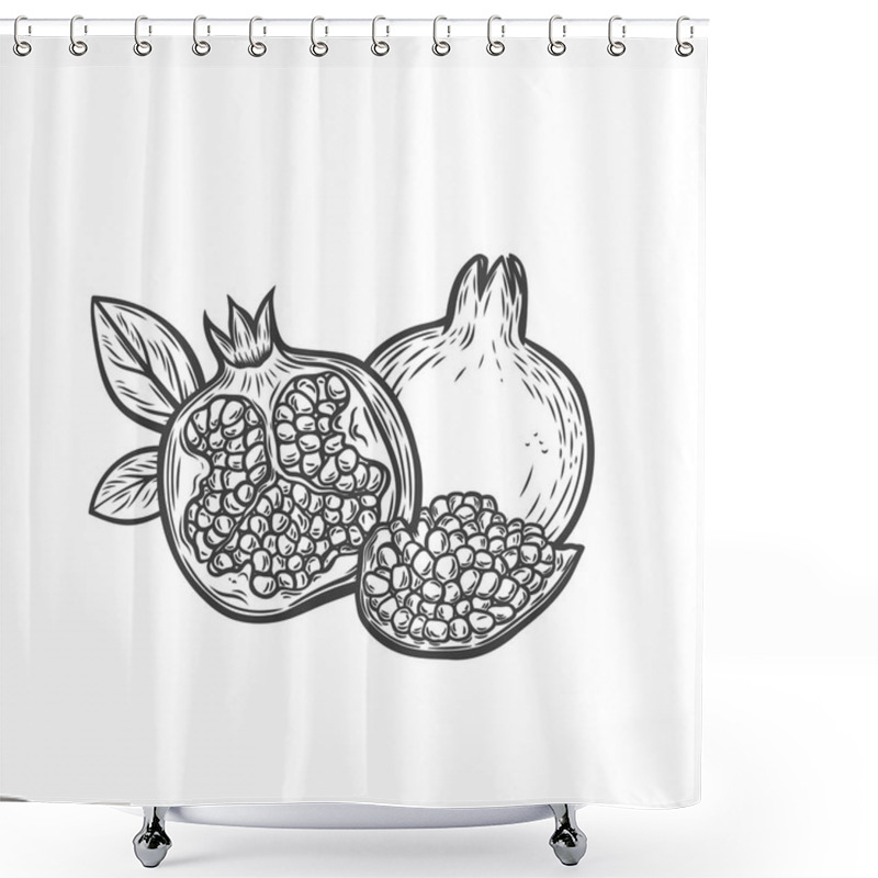 Personality  Engraving With A Pomegranate Fruit, A Half And A Piece. Pomegranate Fruit In Line Drawing Style. Shower Curtains