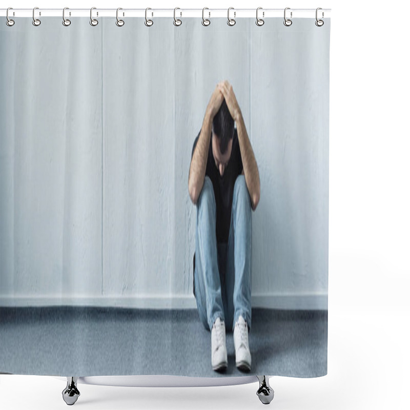 Personality  Panoramic Shot Of Depressed Man Sitting On Floor Near White Wall And Holding Hands On Head Shower Curtains