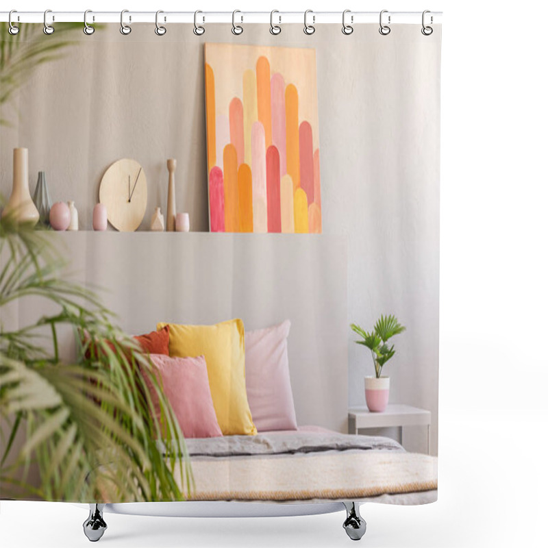 Personality  Arcades Poster In Real Photo Of Grey Bedroom Interior With Fresh Plants, Decor And Colorful Pillows On Double Bed Shower Curtains