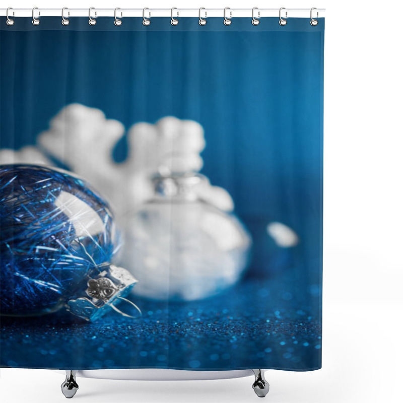 Personality  White And Blue Christmas Ornaments On Dark Blue Glitter Background With Space For Text. Merry Christmas Card. Winter Holidays. Xmas Theme. Happy New Year. Shower Curtains