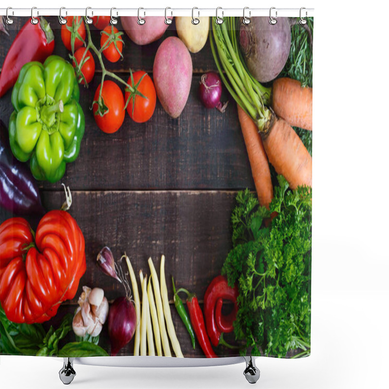 Personality  A Lot Of Fresh Organic Vegetables On A Wooden Background. Autumn Harvest. Healthy Eating. Food Background. Free Space For Your Project. Shower Curtains