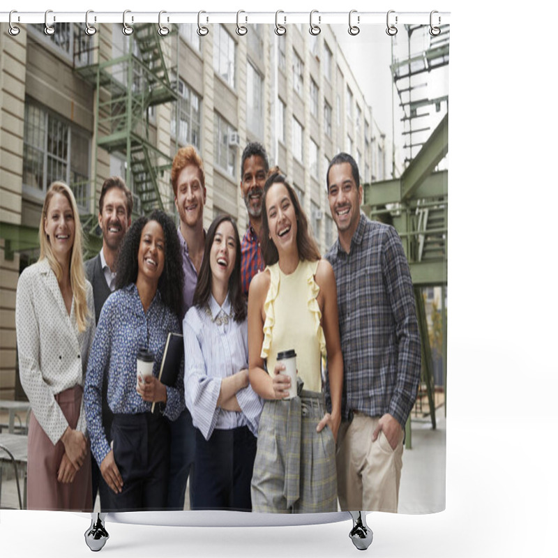 Personality  Friendly Coworkers Laugh To Camera Outside Their Workplace Shower Curtains