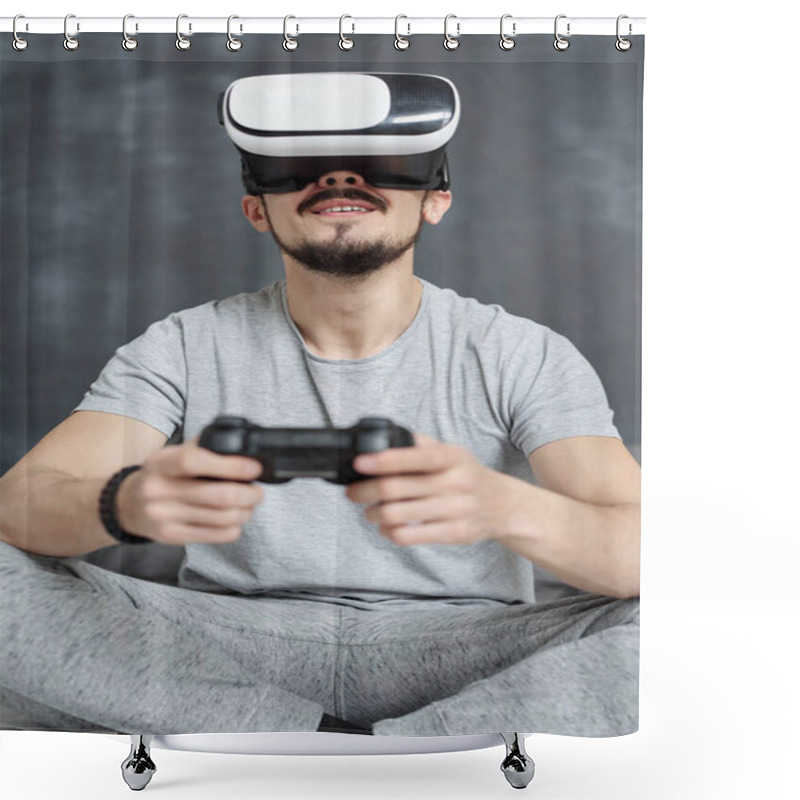 Personality  Below View Of Bearded Man In Homewear Excited About Virtual Video Game Using Joystick In VR Goggles Shower Curtains