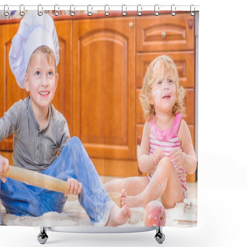 Personality  Two Siblings - Boy And Girl - In Chef's Hats Sitting On The Kitc Shower Curtains