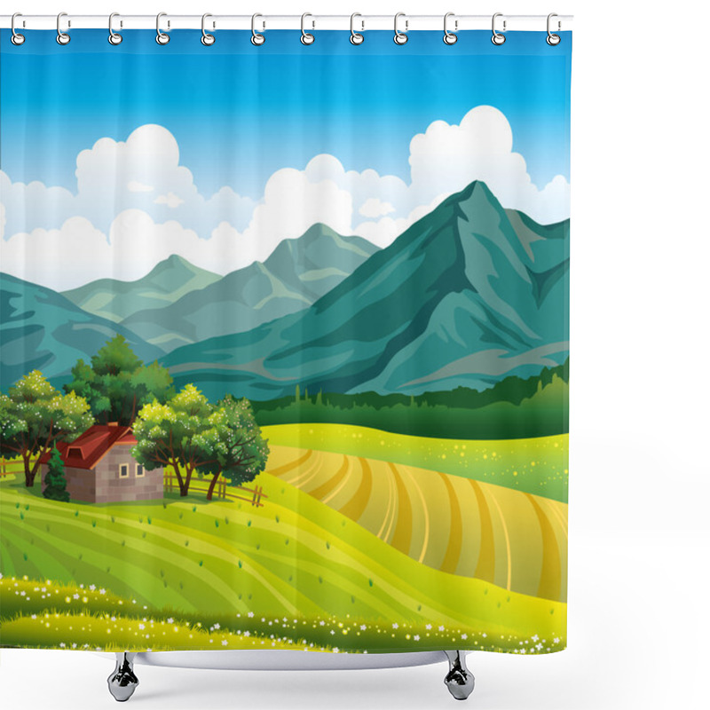 Personality  Landscape With Wooden House And Green Field Shower Curtains