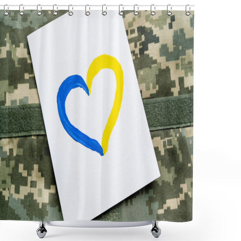 Personality  Top View Of Card With Blue And Yellow Heart Sign On Military Uniform  Shower Curtains