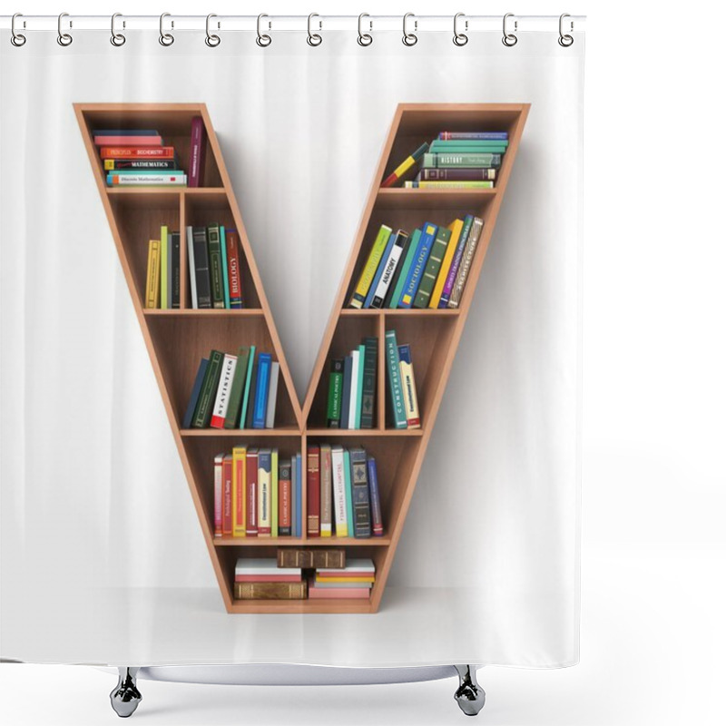 Personality  Letter V. Alphabet In The Form Of Shelves With Books Isolated On Shower Curtains