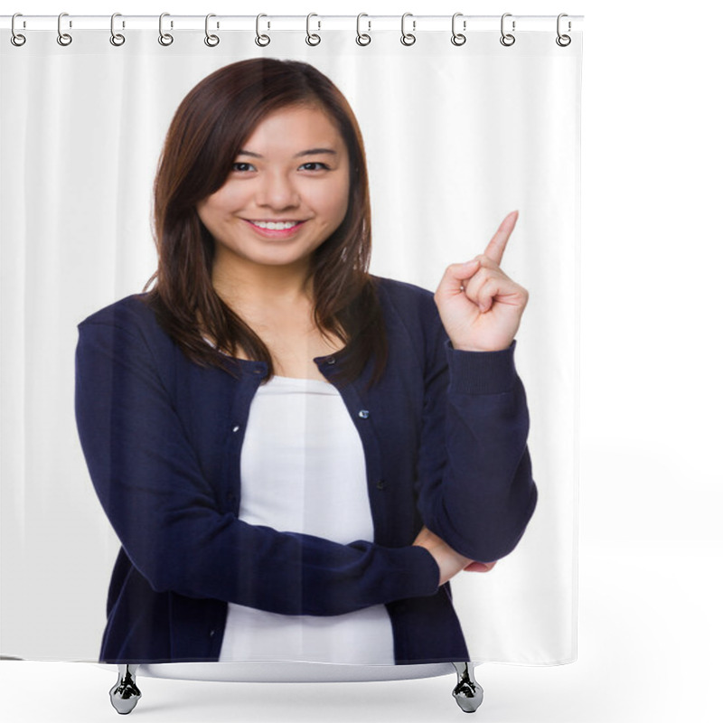 Personality  Young Woman In Blue Cardigan Shower Curtains