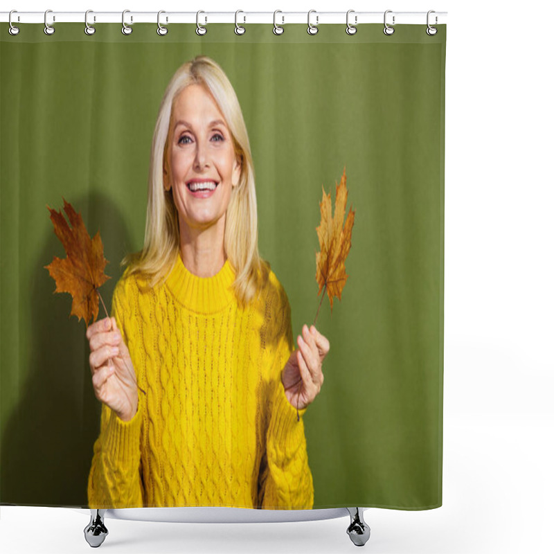 Personality  Photo Of Lovely Positive Lady Wear Trendy Yellow Sweater Hold Maple Leaves Empty Space Isolated On Green Color Background. Shower Curtains