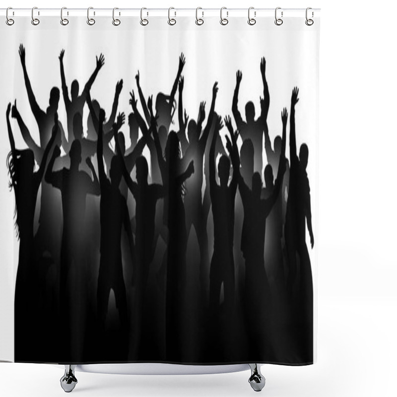 Personality  Crowd Of Cheerful People, Dancing At The Music Concert, Party, Festival, Club. Audience Cheer Hands Up. Mob Fans Applauding, Isolated Silhouette Vector. Sports Fans Applause Shower Curtains