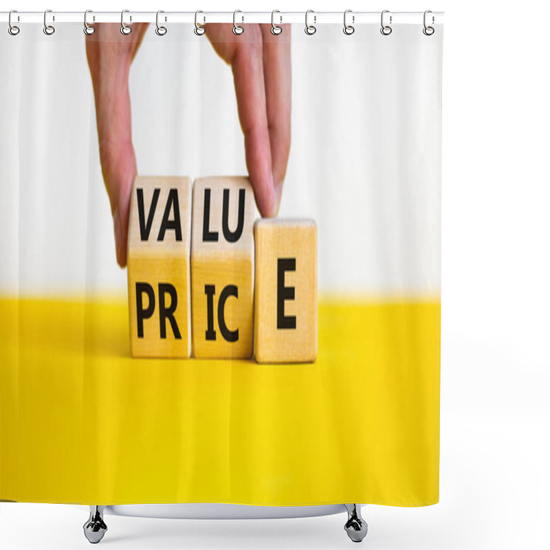 Personality  Value And Price Symbol. Businessman Turns Wooden Cubes And Changes The Word Price To Value Or Vice Versa. Beautiful Yellow Table, White Background, Copy Space. Business Value And Price Concept. Shower Curtains