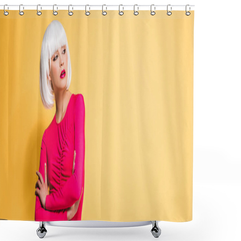 Personality  Attractive Girl In White Wig With Crossed Arms Isolated On Yellow Shower Curtains