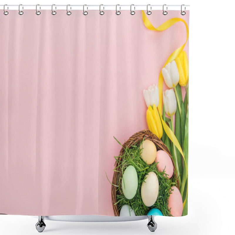 Personality  Top View Of Tulip Flowers And Easter Eggs In Wicker Plate Isolated On Pink  Shower Curtains