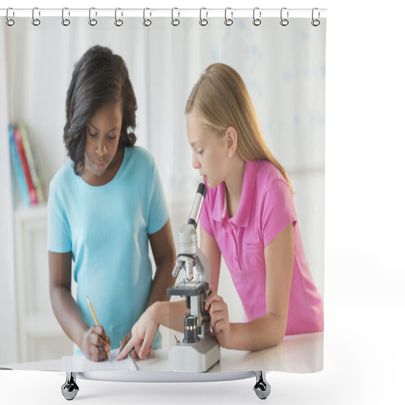 Personality  Students With Microscope Making Notes In Science Class Shower Curtains