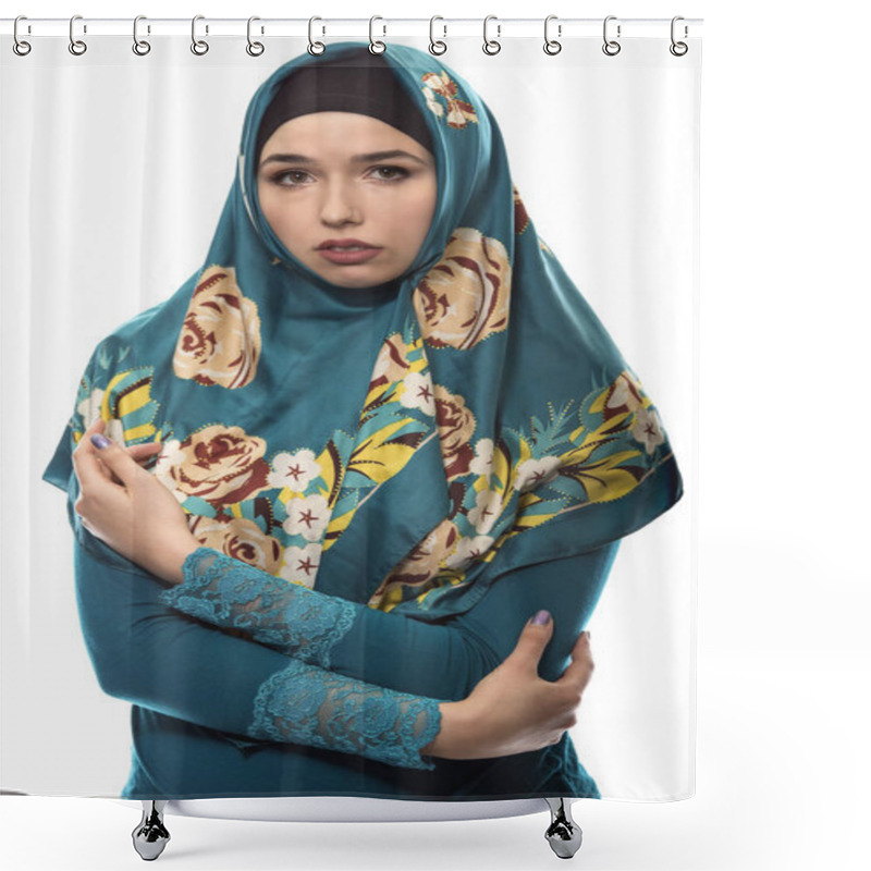 Personality  Female Wearing Hijab Isolated On A White Background Shower Curtains