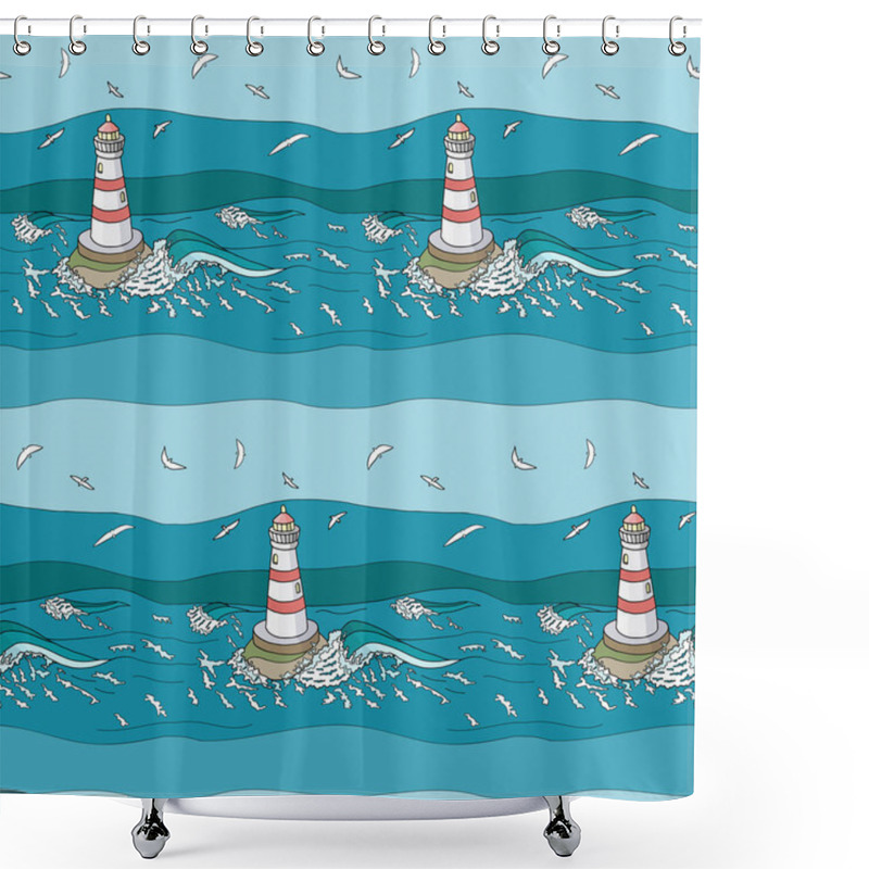 Personality  Seamless Pattern With Beacon In Waves And Seagulls In Sky. Marine Vector Stock Illustration. Cartoon Blue Ocean Water, Lighthouse And White Birds. Texture For Wallpaper, Cards, Decoration. Shower Curtains