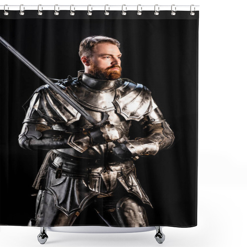 Personality  Handsome Knight In Armor Holding Sword Isolated On Black Shower Curtains