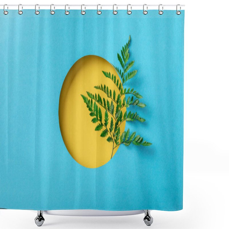 Personality  Geometric Background With Green Fern Leaf In Yellow Round Hole On Blue Paper  Shower Curtains