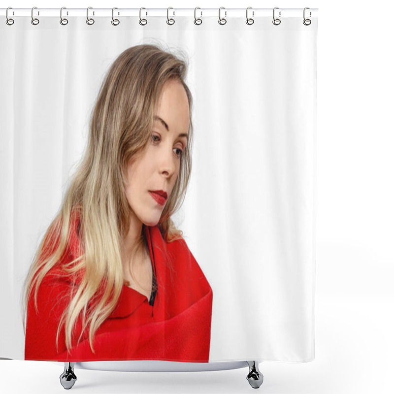 Personality  Portrait Of Thoughtful Blonde Woman Wrapped In Red Scarf, On White Background. Cozy Winter Mood Shower Curtains