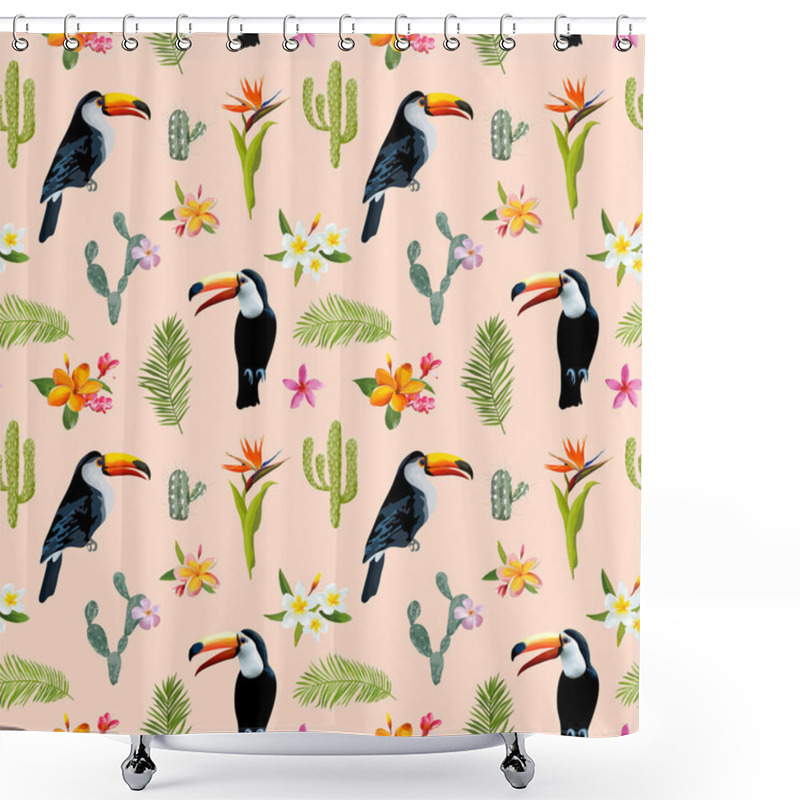 Personality  Tropical Background. Toucan Bird. Cactus Background. Tropical Flowers. Seamless Pattern. Vector Shower Curtains