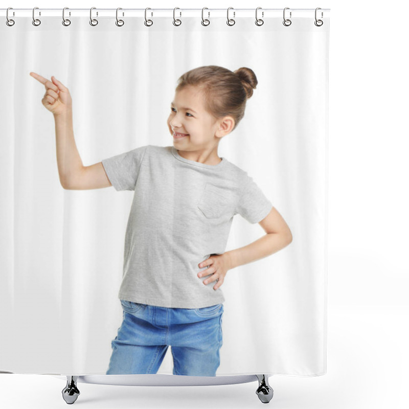 Personality  Little Girl In T-shirt On White Background. Mockup For Design Shower Curtains