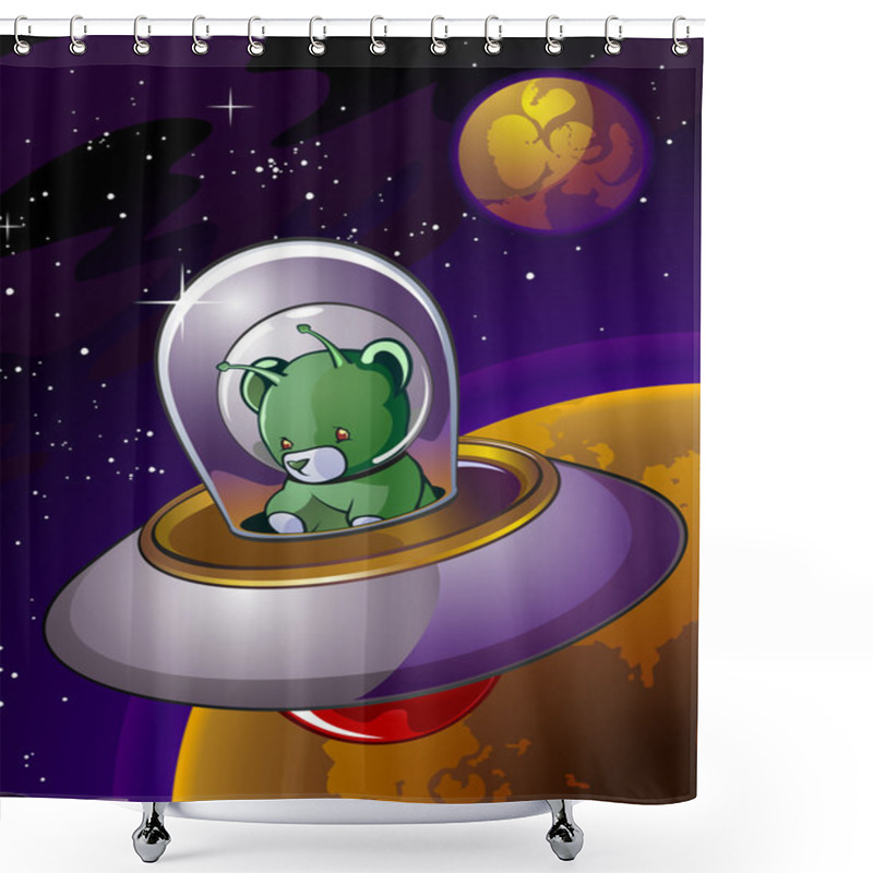 Personality  Alien Teddy Bear Cartoon Character In A Flying Saucer Shower Curtains