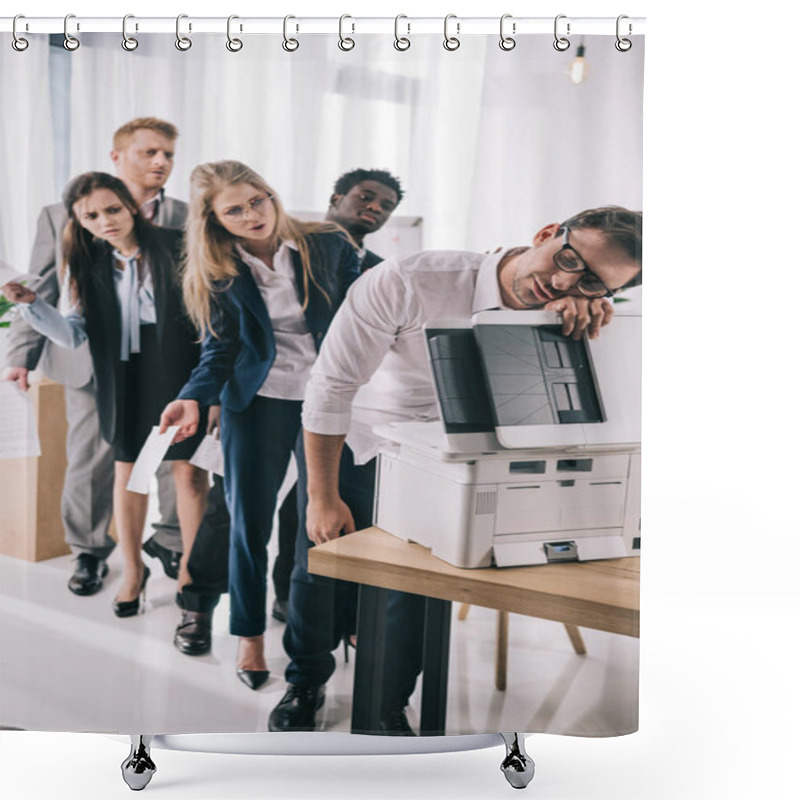 Personality  Businessman Sleeping On Copier While His Colleagues Standing In Queue Behind Him Shower Curtains