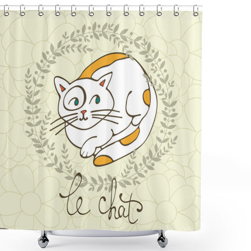 Personality  Cute Cat Character Illustration With French Lettering Of Cat Word , Le Chat Means Cat In French Shower Curtains