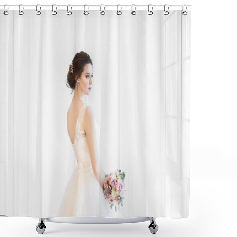 Personality  Beautiful Brunette Woman With Bouquet Posing In A Wedding Dress  Shower Curtains